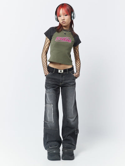 Track Black Multi Pocket Overdye Cargo Jeans - Minga London