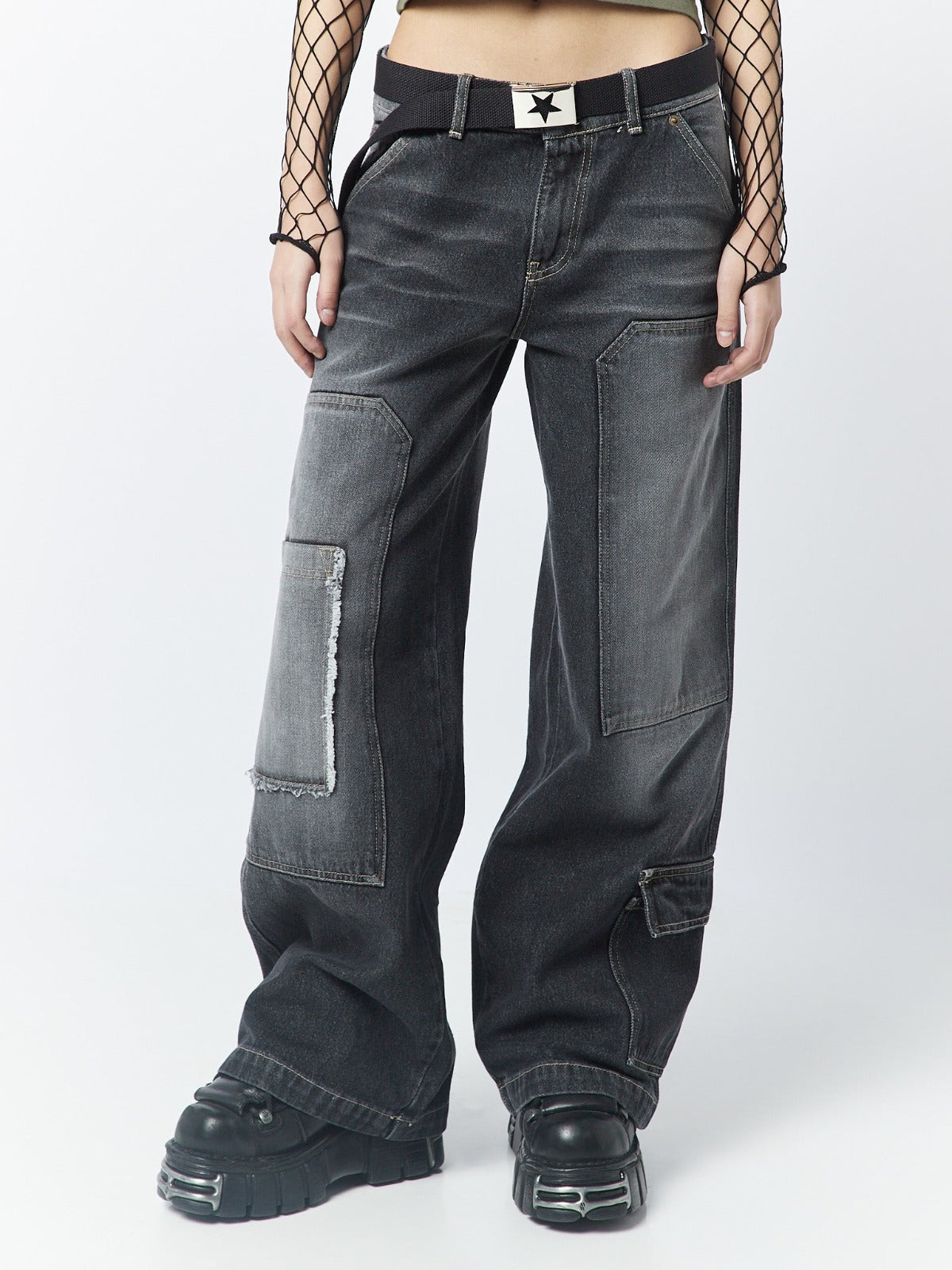 Track Black Multi Pocket Overdye Cargo Jeans - Minga London