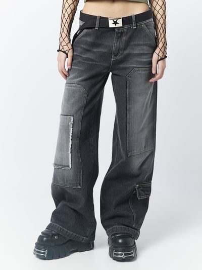 Track Black Multi Pocket Overdye Cargo Jeans - Minga London