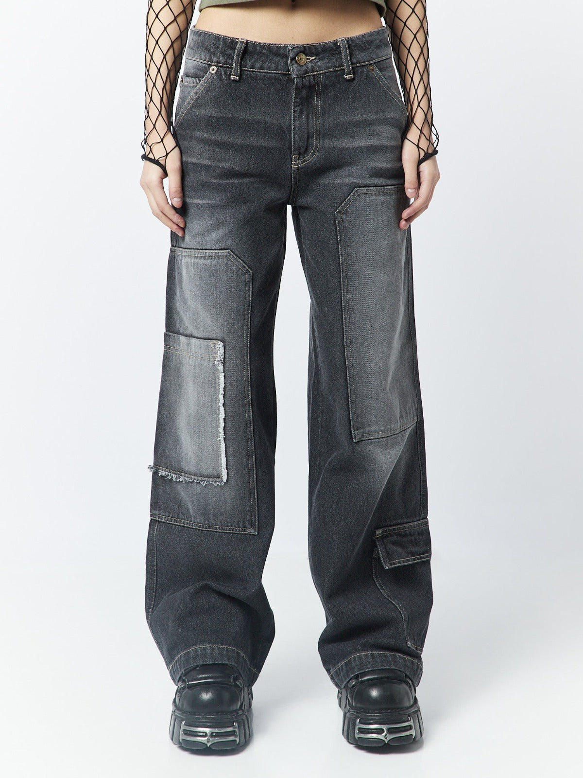 Track Black Multi Pocket Overdye Cargo Jeans - Minga London