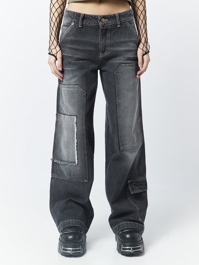Track Black Multi Pocket Overdye Cargo Jeans - Minga London