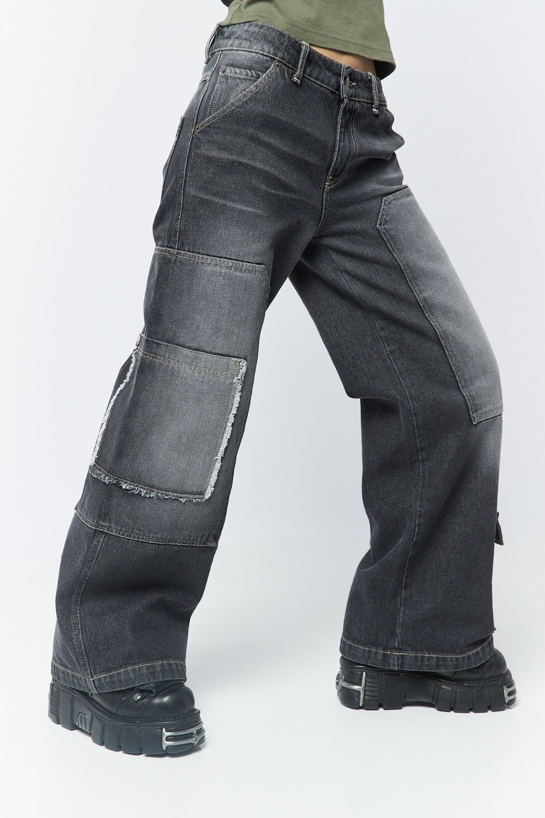 Track Black Multi Pocket Overdye Cargo Jeans - Minga London