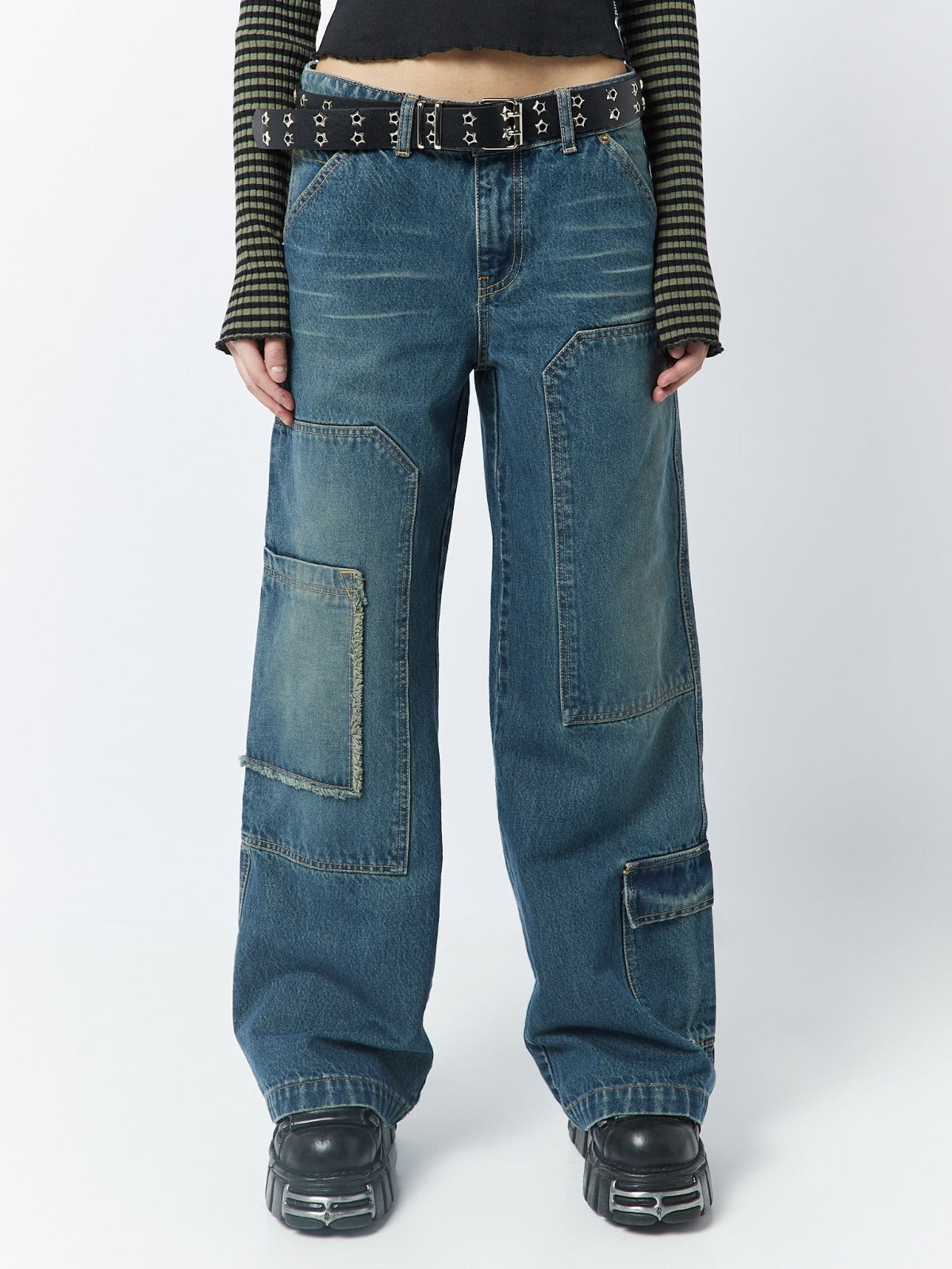 Track Blue Multi Pocket Overdye Cargo Jeans - Minga London