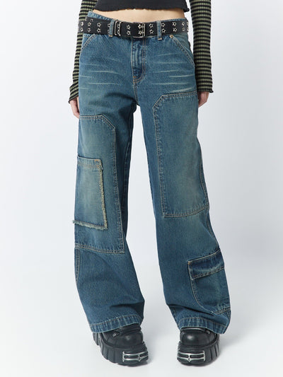 Track Blue Multi Pocket Overdye Cargo Jeans - Minga London