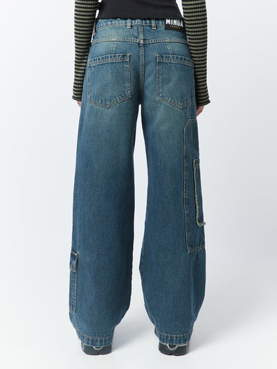 Track Blue Multi Pocket Overdye Cargo Jeans - Minga London