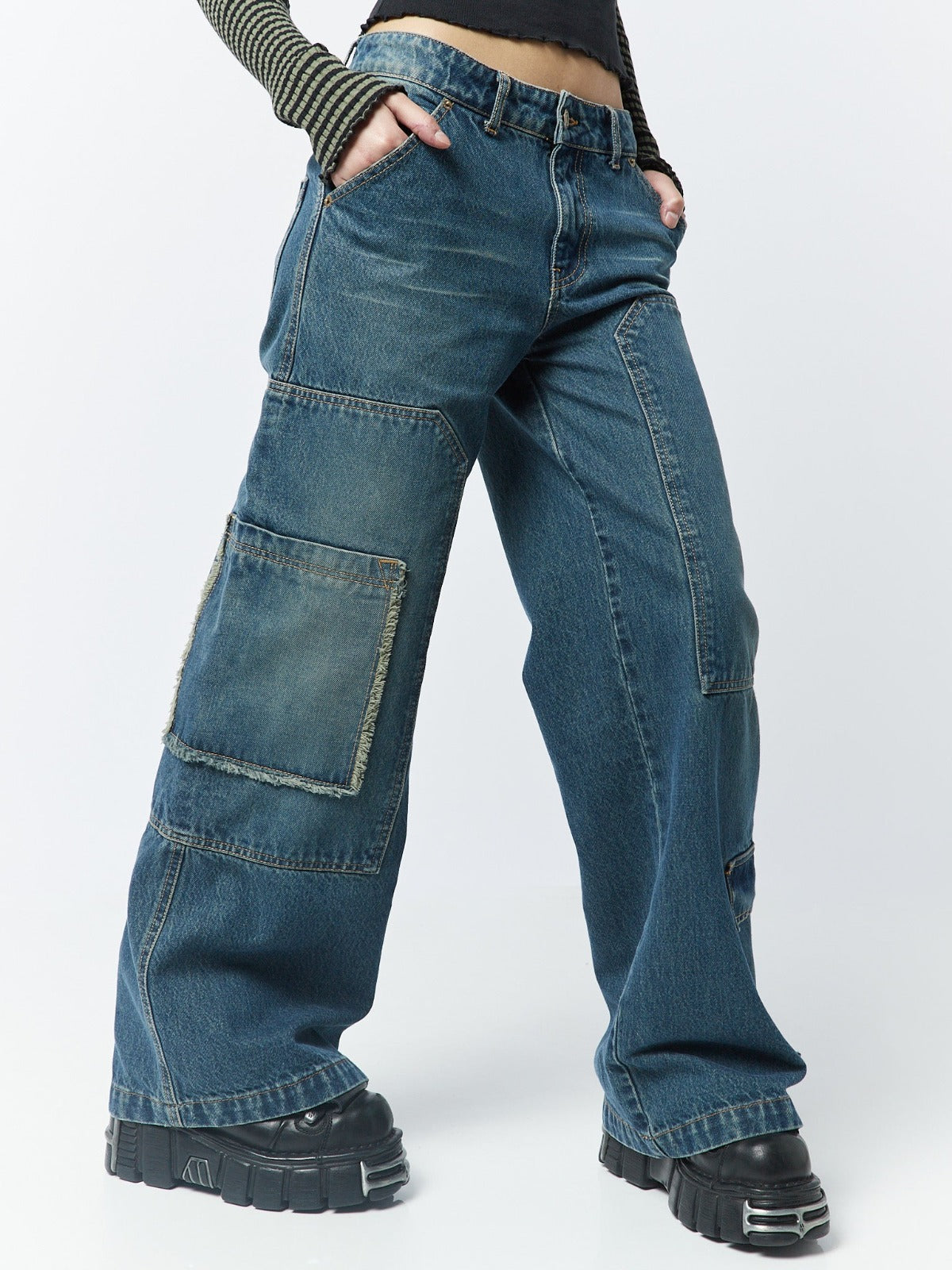 Track Blue Multi Pocket Overdye Cargo Jeans - Minga London