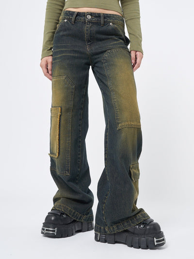 Women Cargo Jeans Track Multi Pocket Overdye