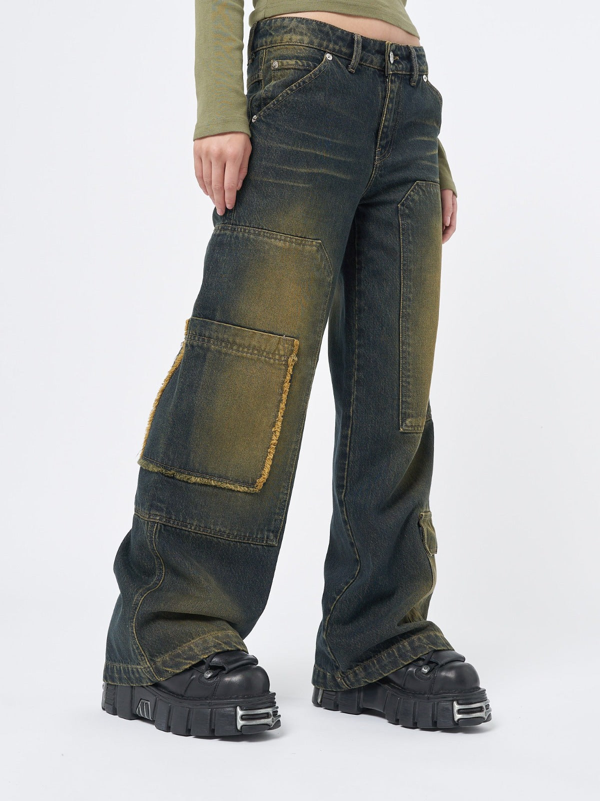Track Multi Pocket Overdye Cargo Jeans - Minga London