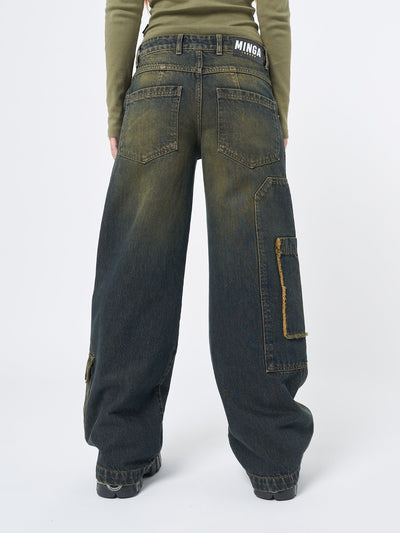 Track Multi Pocket Overdye Cargo Jeans - Minga London