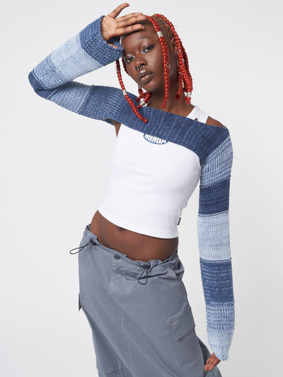 Fusion Blue Patchwork Knitted Shrug - Minga London