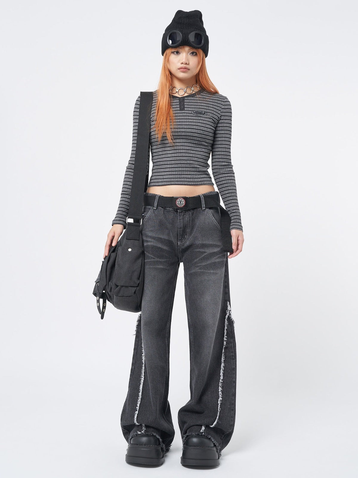 Women Washed Black Distressed Wide Leg Jeans