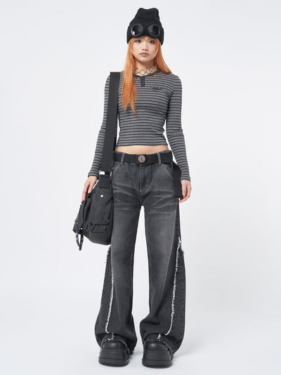 Women Washed Black Distressed Wide Leg Jeans