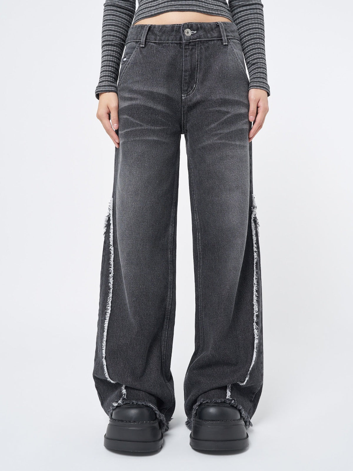 Women Washed Black Distressed Wide Leg Jeans