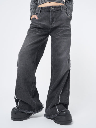 Women Washed Black Distressed Wide Leg Jeans