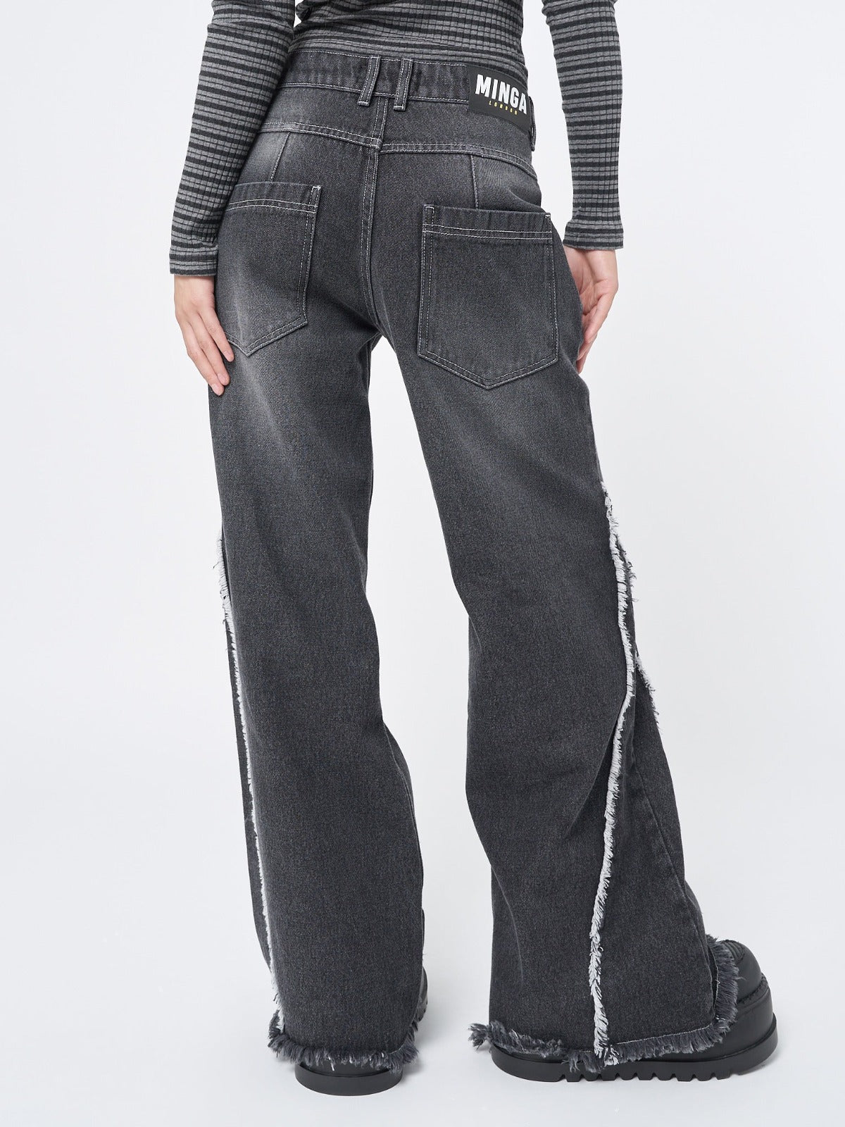 Women Washed Black Distressed Wide Leg Jeans