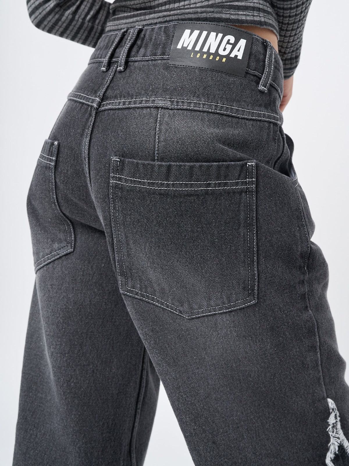 Women Washed Black Distressed Wide Leg Jeans