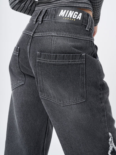 Women Washed Black Distressed Wide Leg Jeans