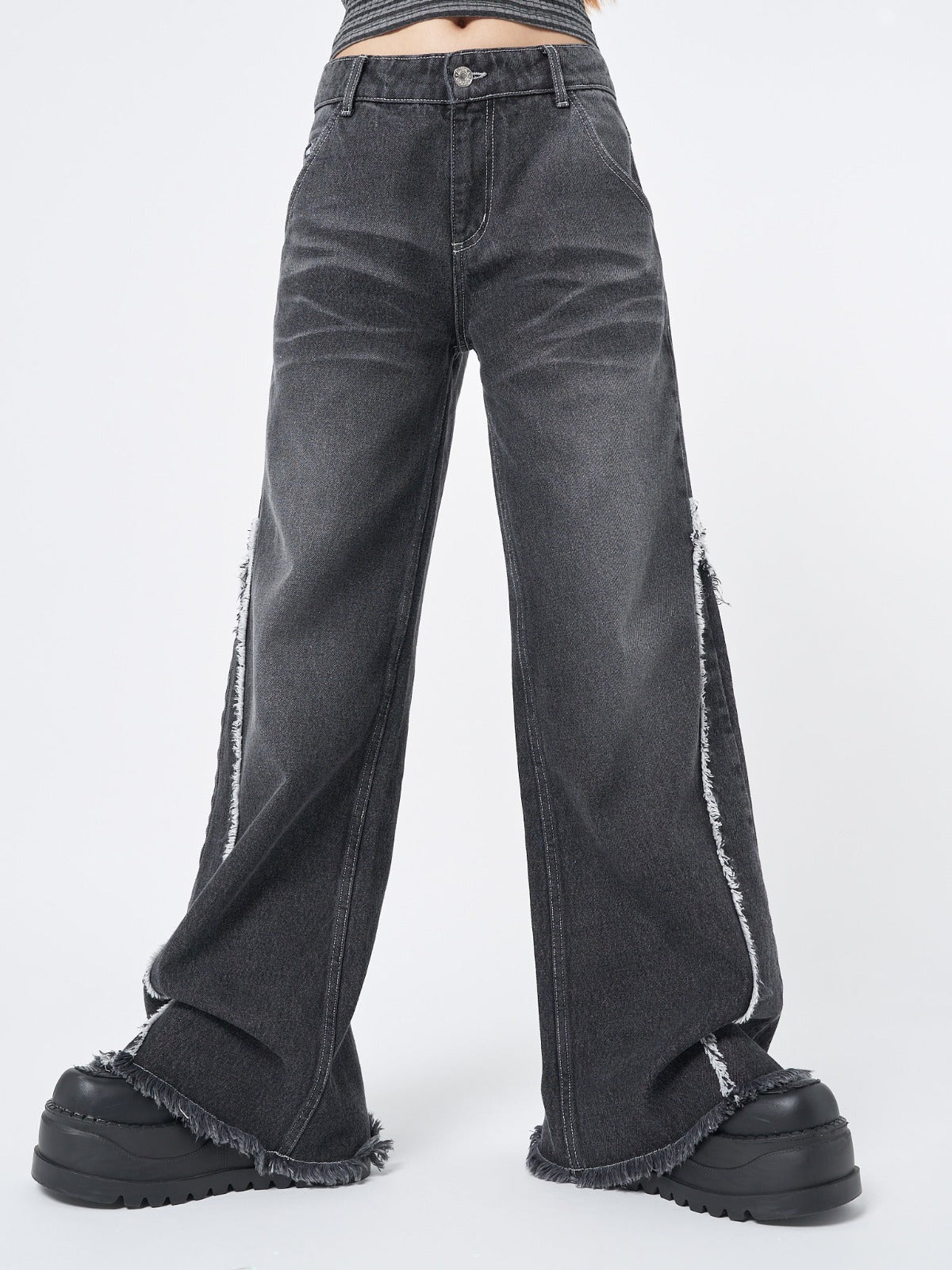 Zoe Washed Black Distressed Wide Leg Jeans - Minga London