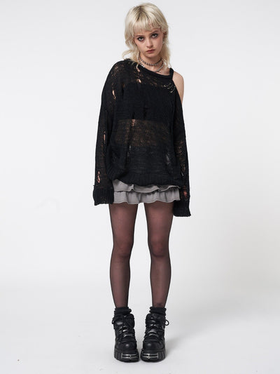 Net knitted jumper in black featuring all over distressed details