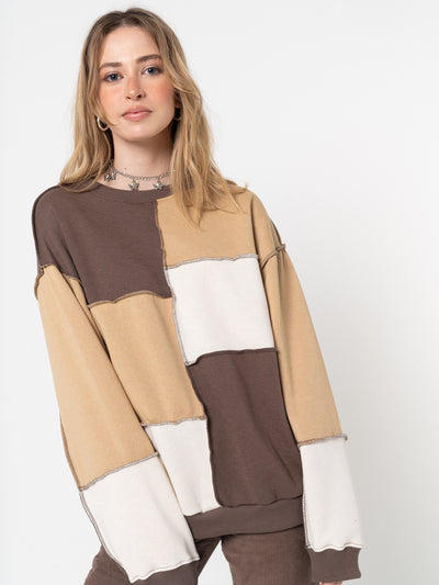 Brown Beige Patchwork Contrast Sweater | Minga London