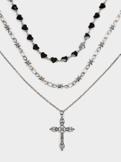Set of 3 necklaces with heart, thorns chains and cross pendant