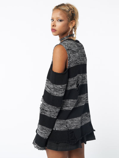 Cut-out shoulders knitted jumper with distressed details and stripes in grey and black