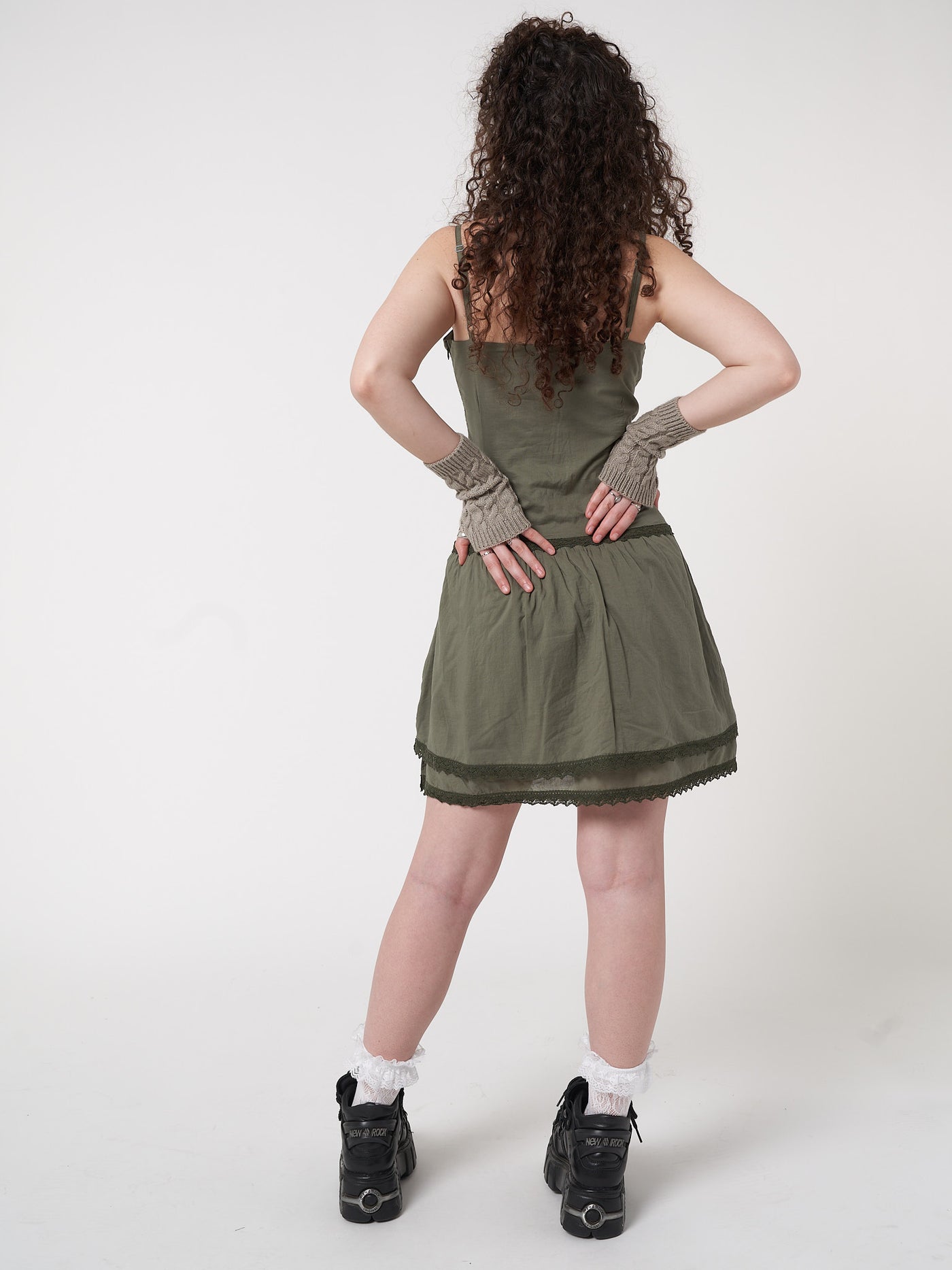 Lace up corset dress in foggy green with crochet lace trims and double-layer skirt 