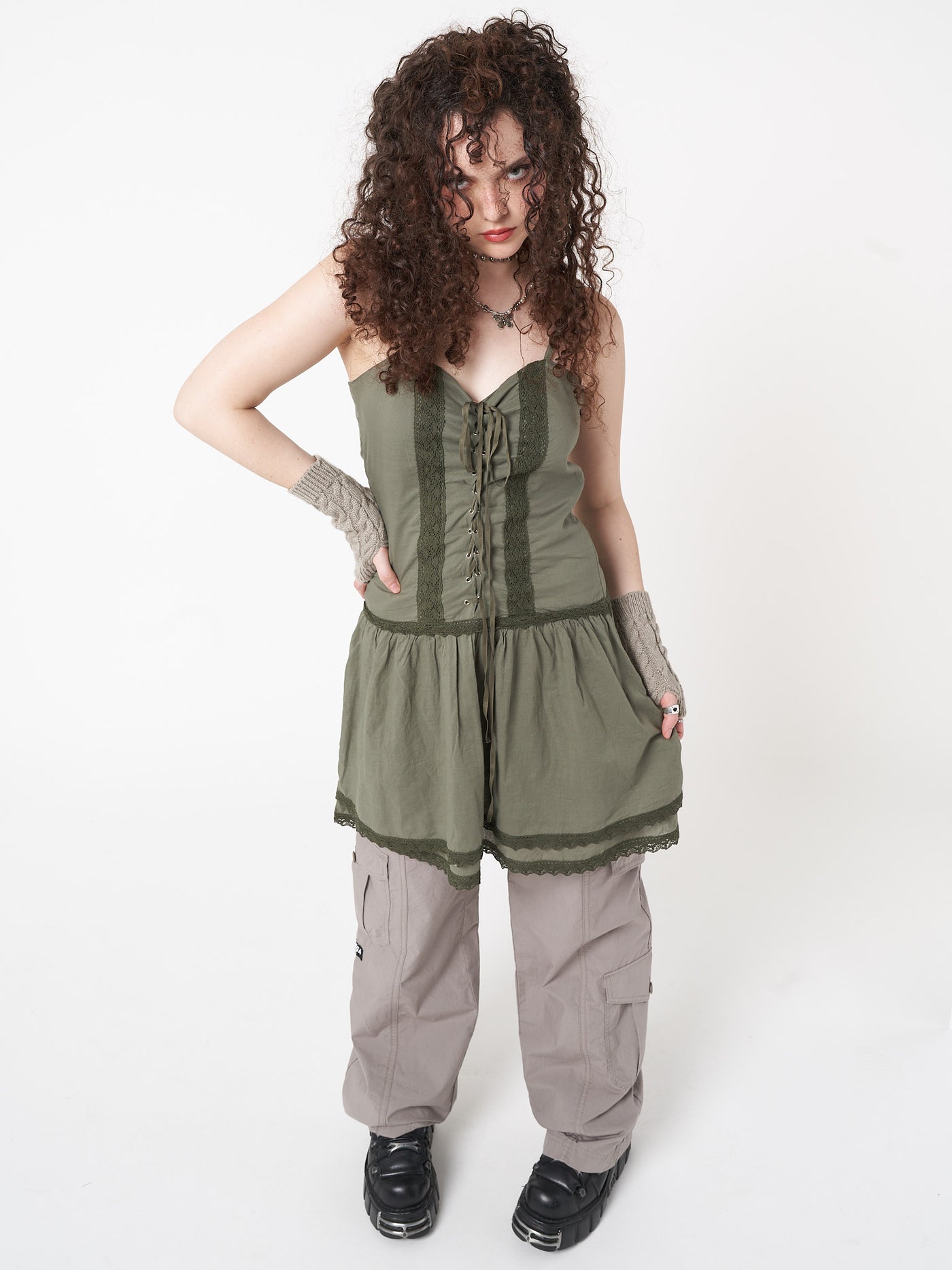 Lace up corset dress in foggy green with crochet lace trims and double-layer skirt 