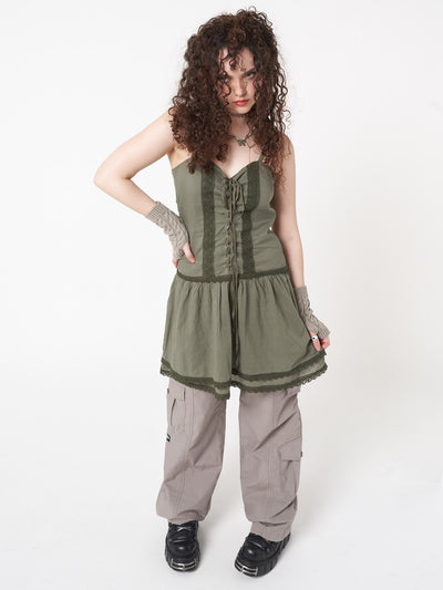 Lace up corset dress in foggy green with crochet lace trims and double-layer skirt 