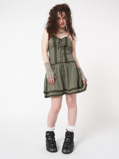 Lace up corset dress in foggy green with crochet lace trims and double-layer skirt 