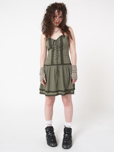 Lace up corset dress in foggy green with crochet lace trims and double-layer skirt 