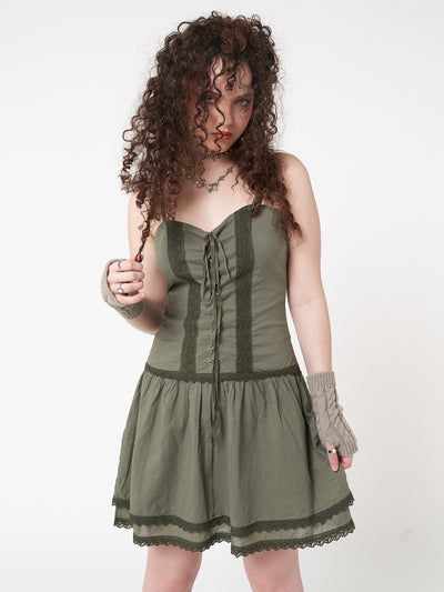 Lace up corset dress in foggy green with crochet lace trims and double-layer skirt 