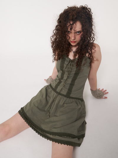 Lace up corset dress in foggy green with crochet lace trims and double-layer skirt 