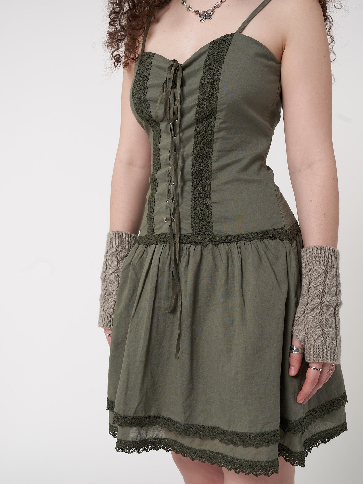 Lace up corset dress in foggy green with crochet lace trims and double-layer skirt 