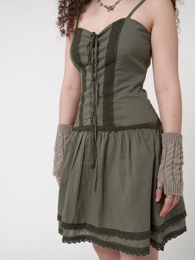 Lace up corset dress in foggy green with crochet lace trims and double-layer skirt 