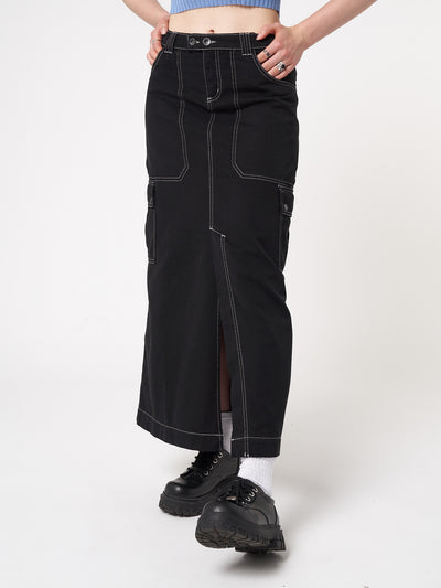 Y2k cargo maxi skirt in black with contrast stitching in white and front split
