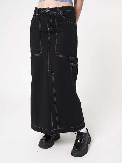 Y2k cargo maxi skirt in black with contrast stitching in white and front split