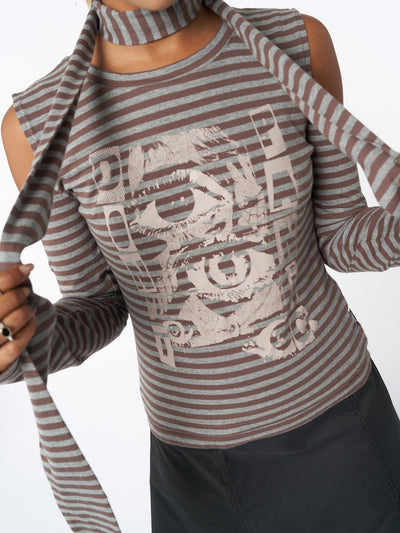 Striped top and scarf in brown and grey with Dont Panic Eyes graphic front print and cut out shoulders