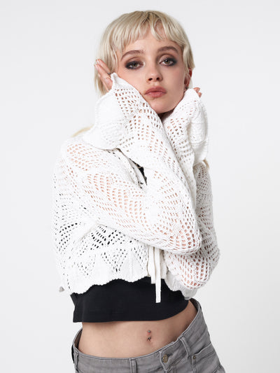 Tie front cardigan in white featuring crochet style knit pattern 