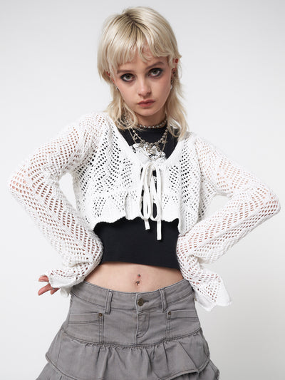 Elsie Tie Front Frill Crochet Crop Cardigan - Minga London