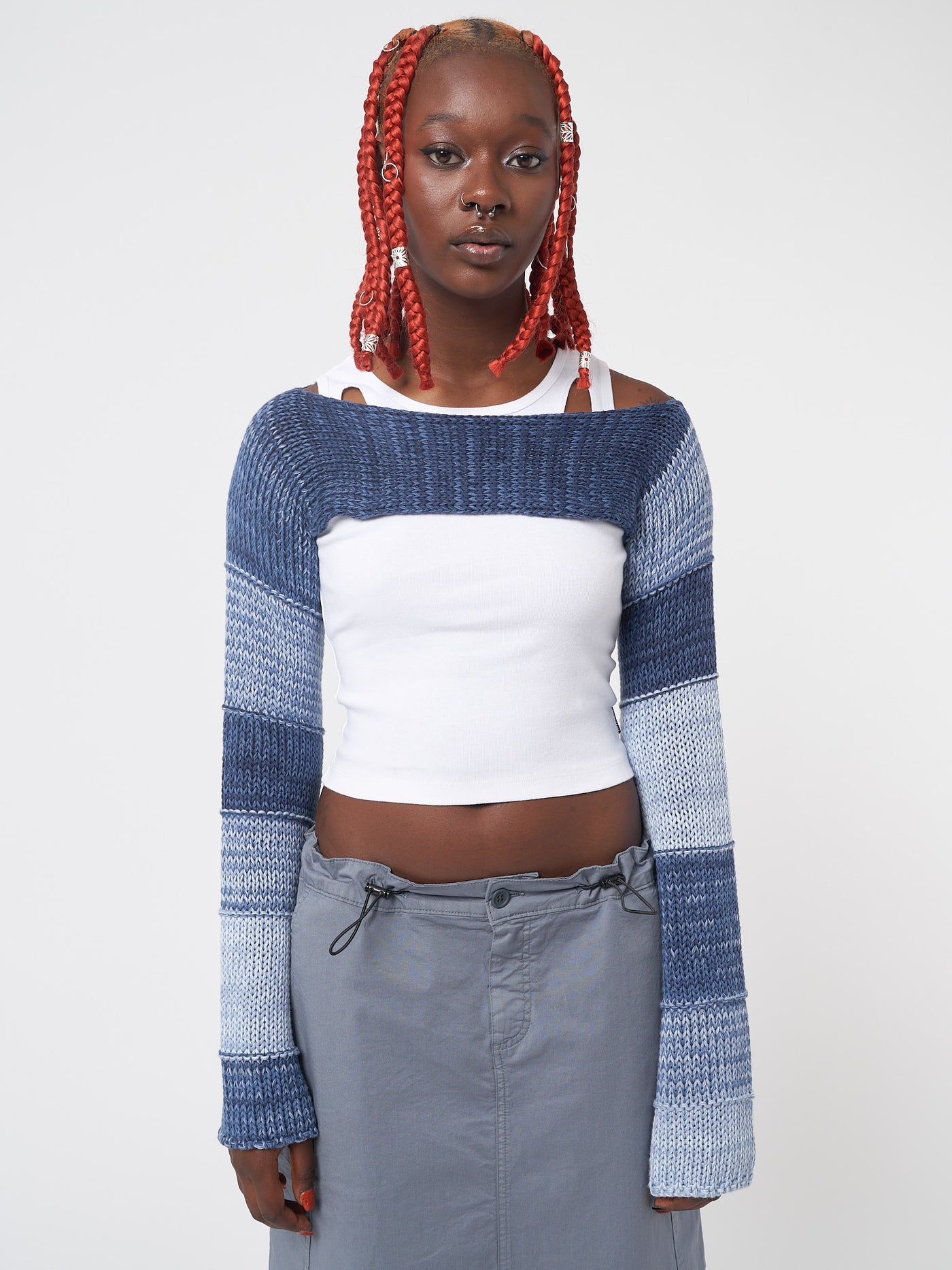 Fusion Blue Patchwork Knitted Shrug - Minga London