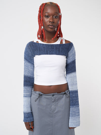 Bolero patchwork knitted shrug top in blue and gray tones