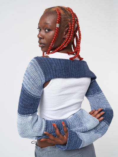 Bolero patchwork knitted shrug top in blue and gray tones