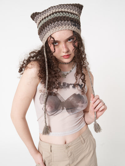 Knitted tie hat with all over stripes in green, brown and beige matching crochet style pattern and minga logo front embroidery