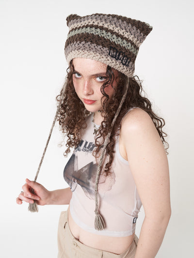 Knitted tie hat with all over stripes in green, brown and beige matching crochet style pattern and minga logo front embroidery