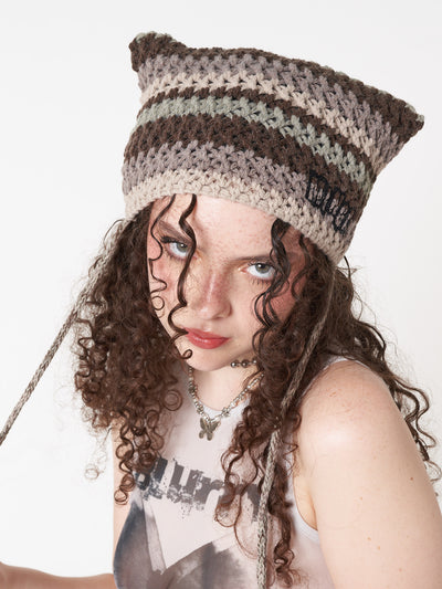 Knitted tie hat with all over stripes in green, brown and beige matching crochet style pattern and minga logo front embroidery