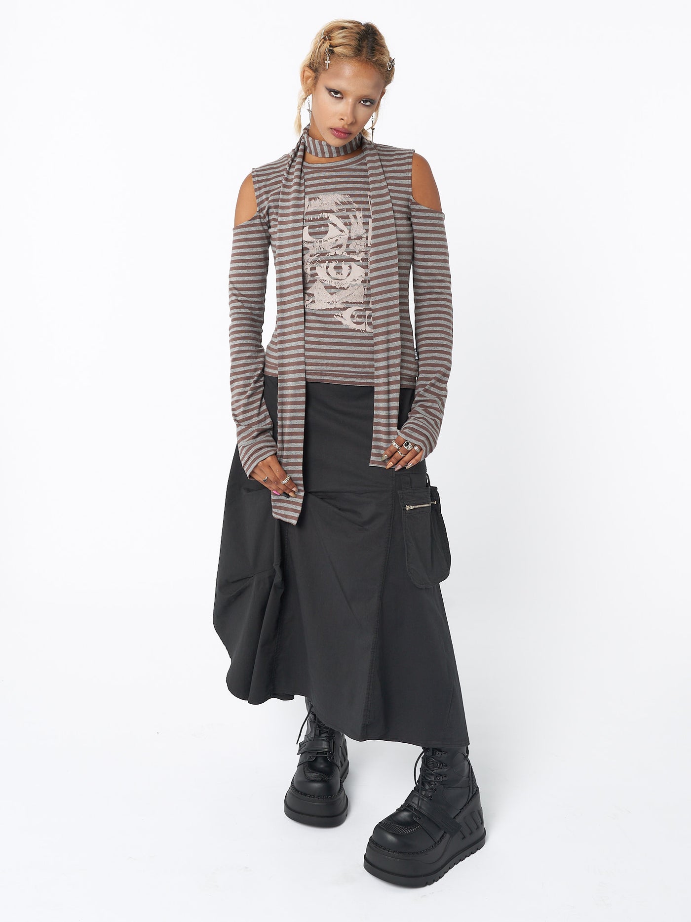 Maxi tech cargo skirt in black with asymmetric style, zip details and front hanging pocket