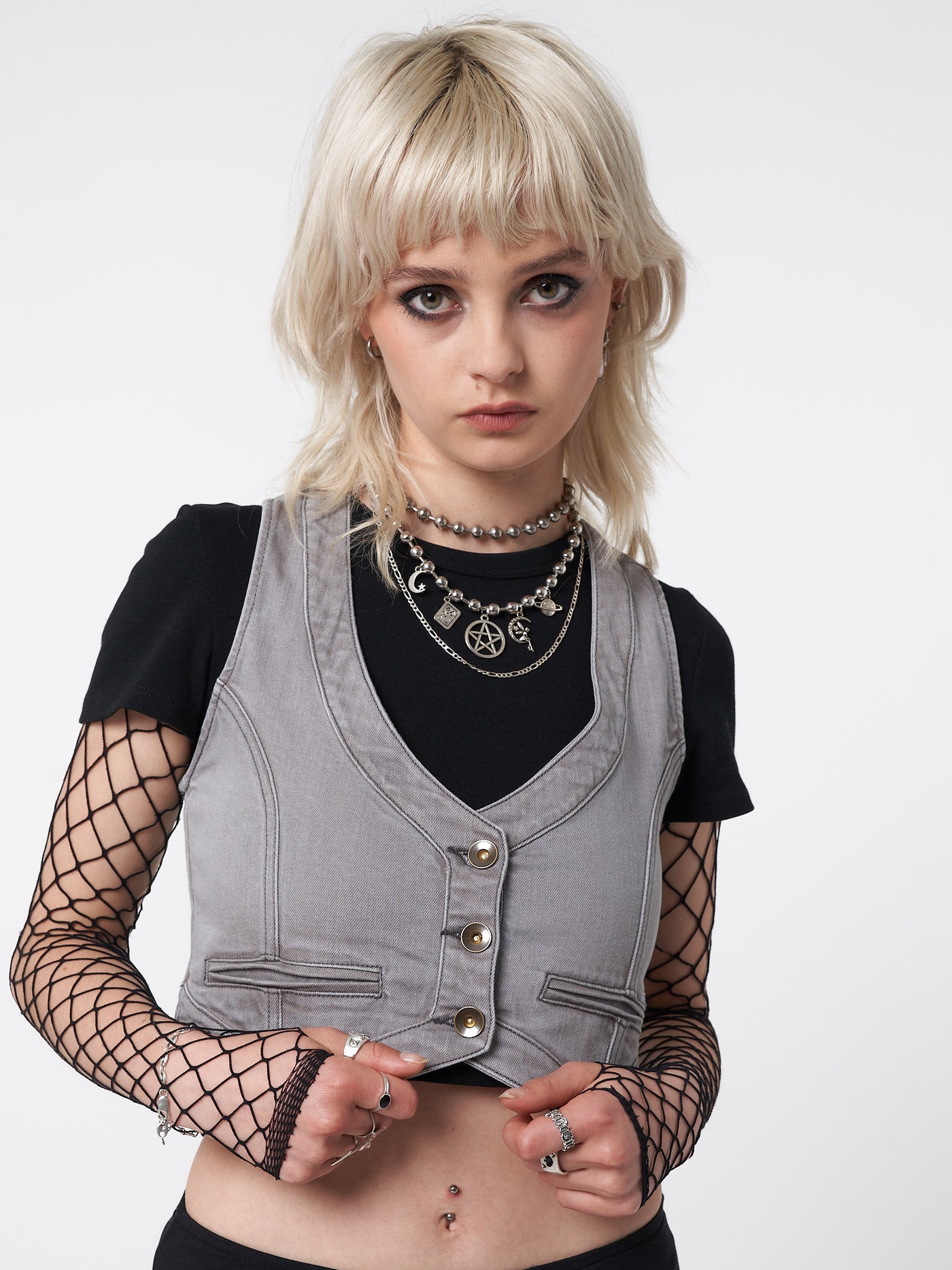 Liv Washed Grey Denim Y2k Waistcoat - Minga London