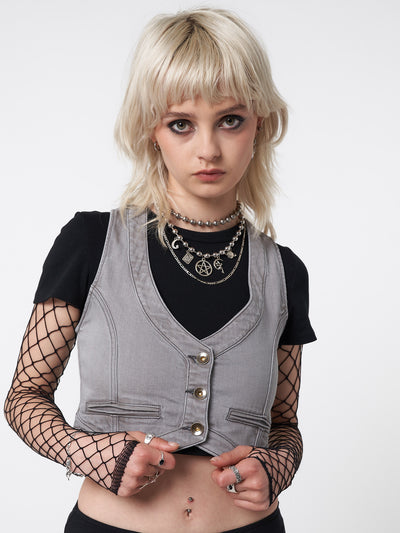 Liv Washed Grey Denim Y2k Waistcoat - Minga London