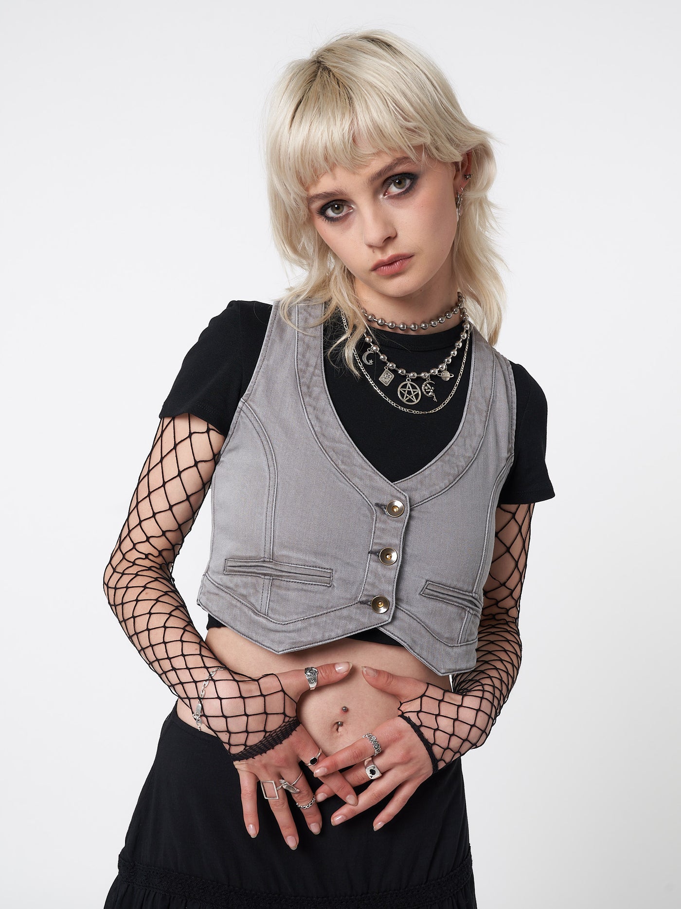 Liv Washed Grey Denim Y2k Waistcoat - Minga London